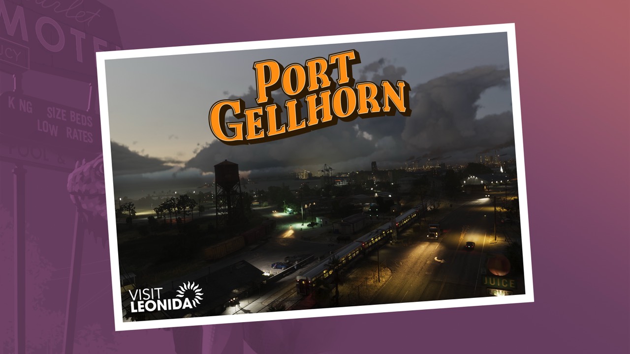 Port Gellhorn, a confirmed region in the state of Leonida, in official Grand Theft Auto VI postcard art by Rockstar Games