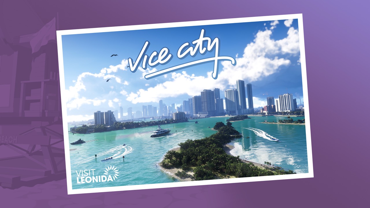 Vice City, a confirmed region in the state of Leonida, in official Grand Theft Auto VI postcard art by Rockstar Games