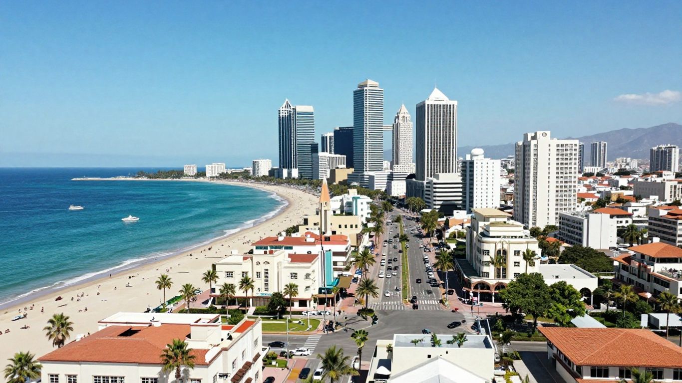 Vice City skyline with art deco buildings and ocean.