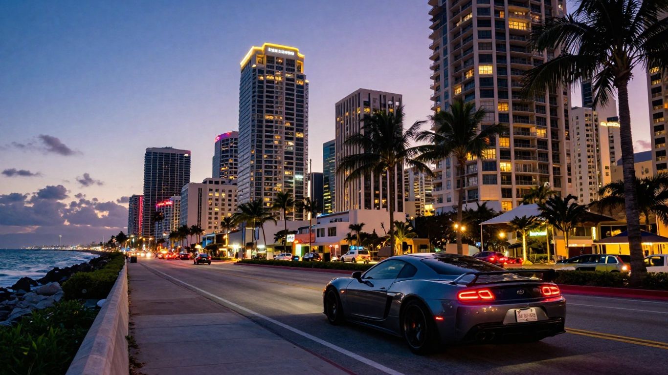 Vice City skyline with neon lights and a speeding car.