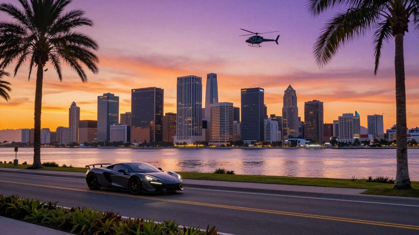 GTA 6 cityscape with palm trees and sports car.