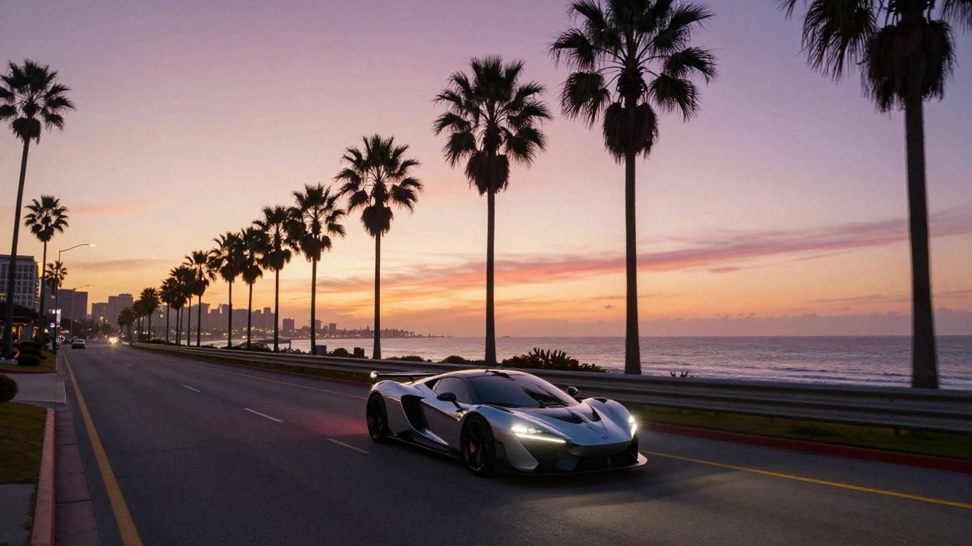 GTA 6 cityscape with sports car at dusk.