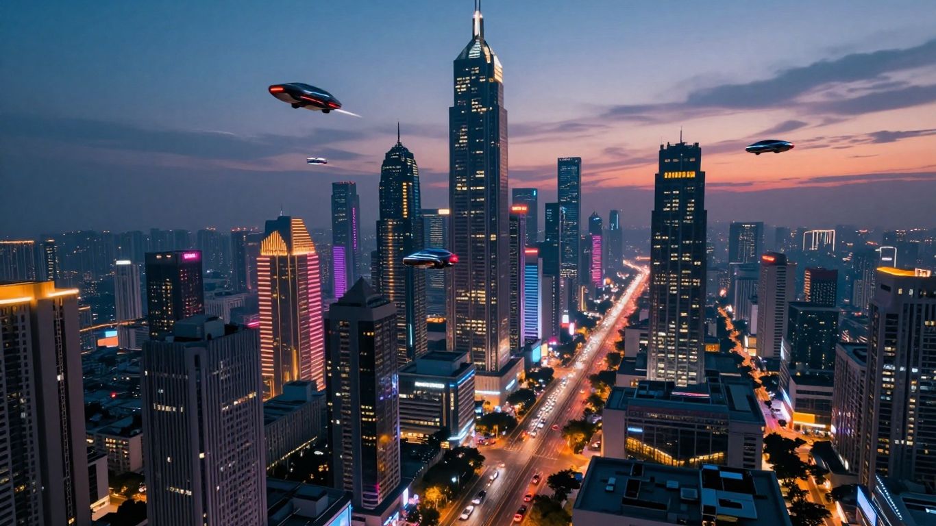 GTA 6 cityscape with flying cars and neon lights.