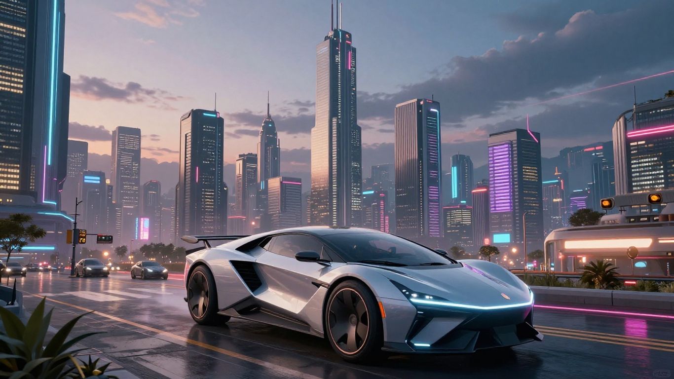 GTA 6 futuristic city landscape with vehicle.