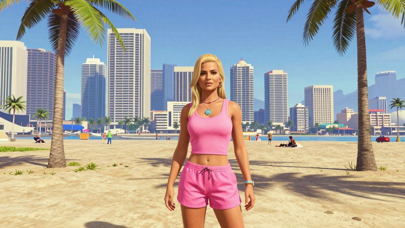 GTA 6 trailer scene with woman on beach, Vice City.