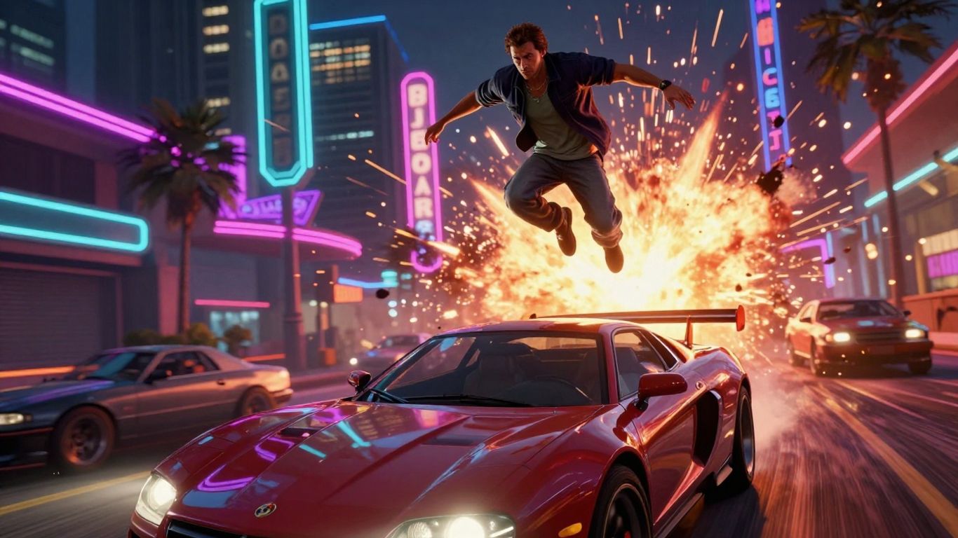 GTA 6 trailer action scene with character jumping from car.