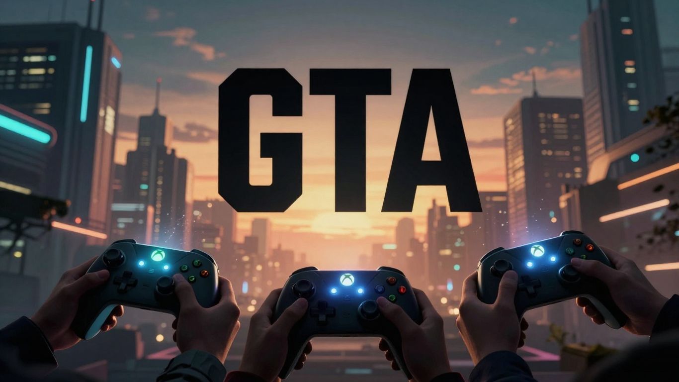 GTA 6 logo with Xbox controllers and download progress.