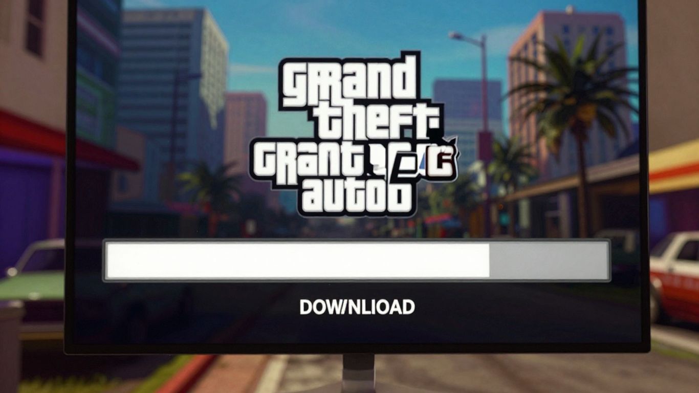 GTA 6 download progress bar with cityscape background.