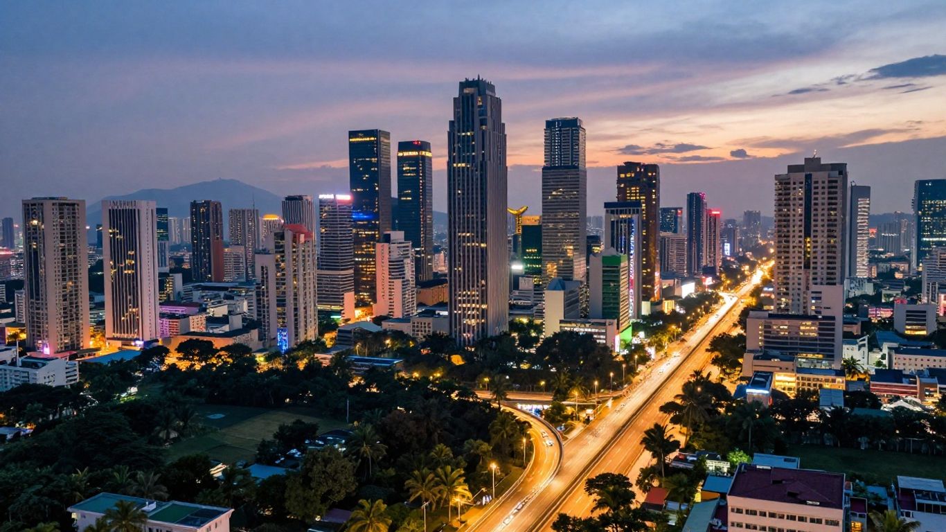 Vibrant Vice City cityscape at dusk with highways and tropical foliage.