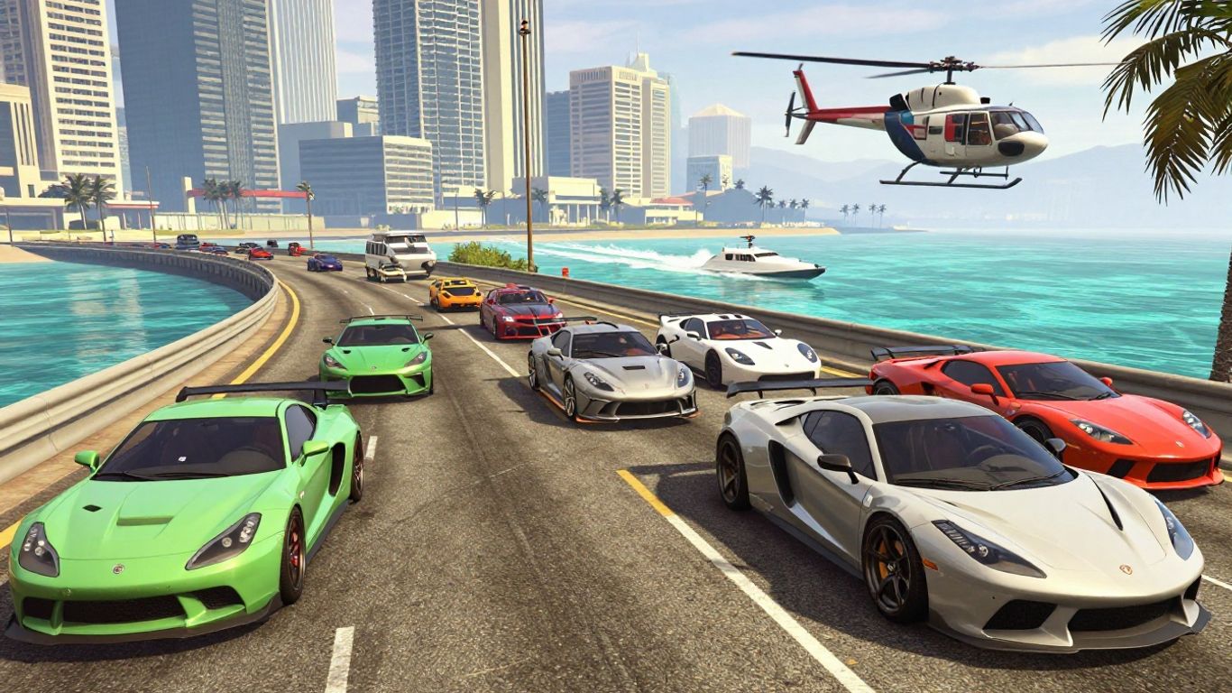 GTA 6 cars, boats, and aircraft in a scenic environment.