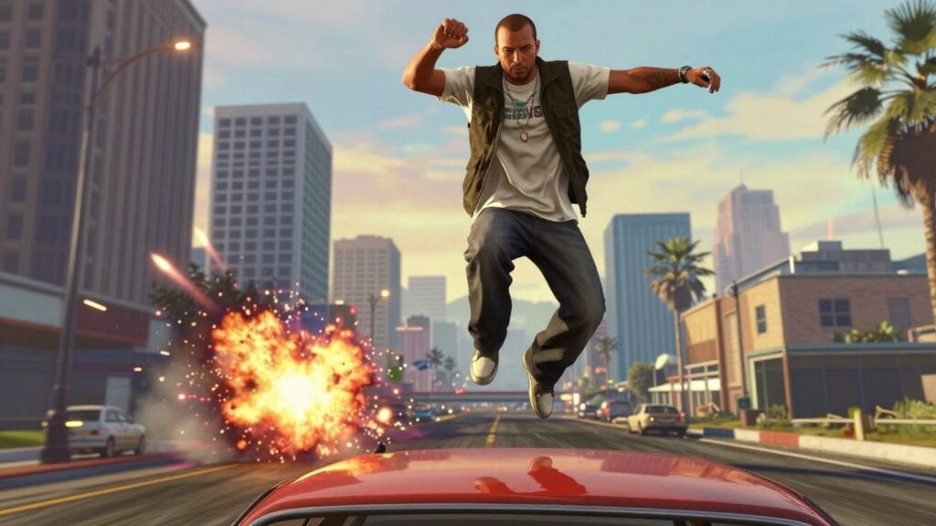 GTA 6 character in action with city skyline and explosions.
