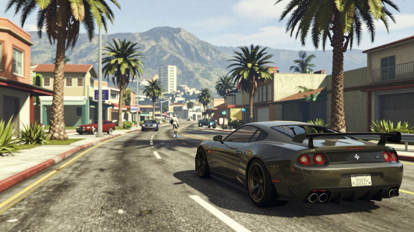 GTA 6 cityscape with player character and sports car.