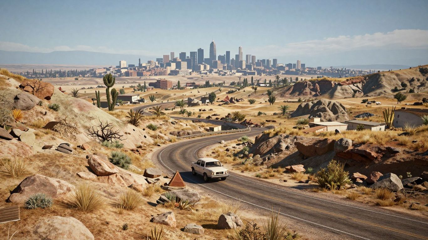 GTA 6 San Fierro and Badlands landscape with a car.