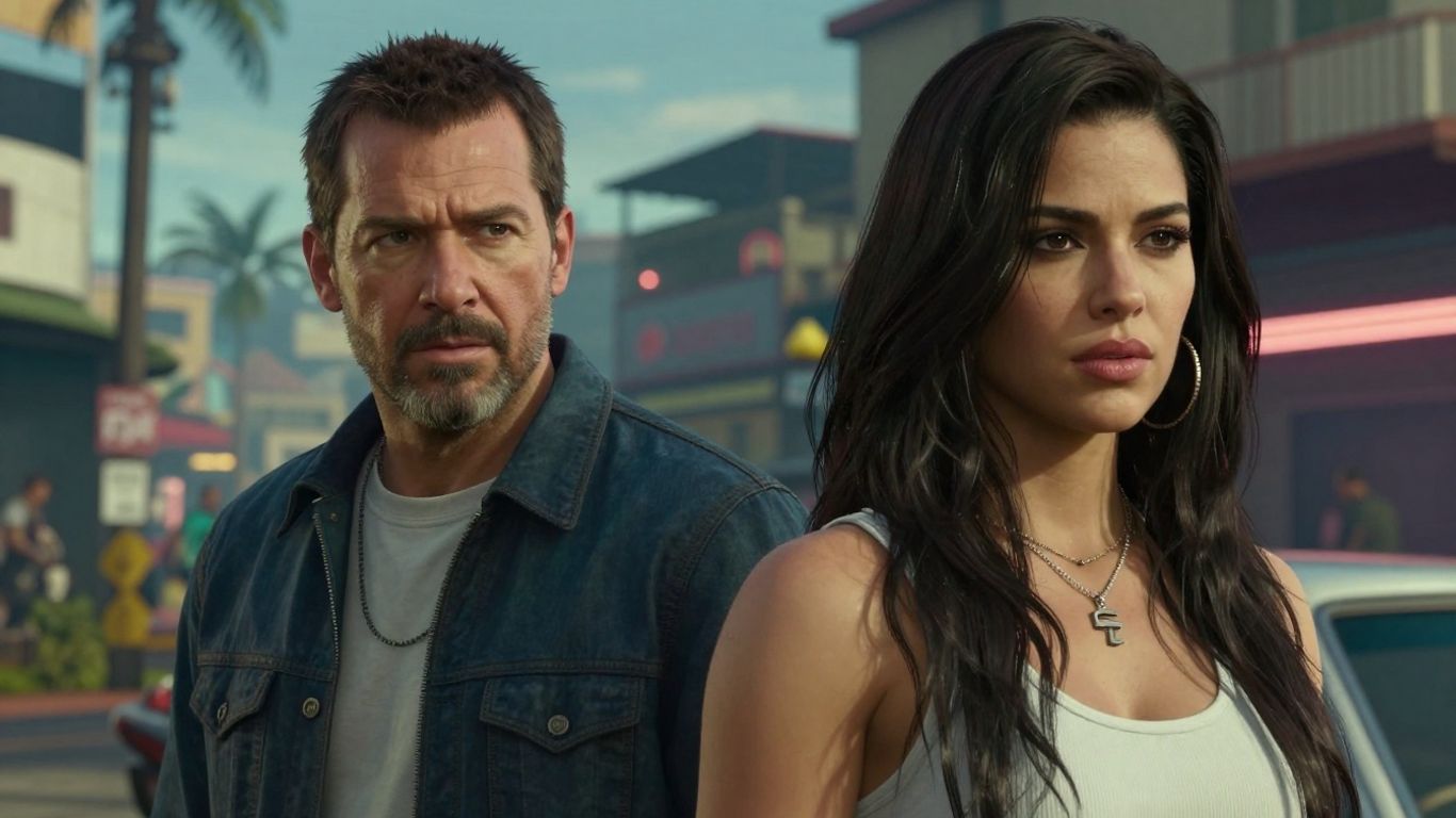 GTA 6 protagonists Jason and Lucia in a dramatic pose.